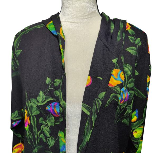 Vintage 80s Connie Choi Neon Fish Print Black Long Line Open Front Hooded Shirt - Picture 3 of 8